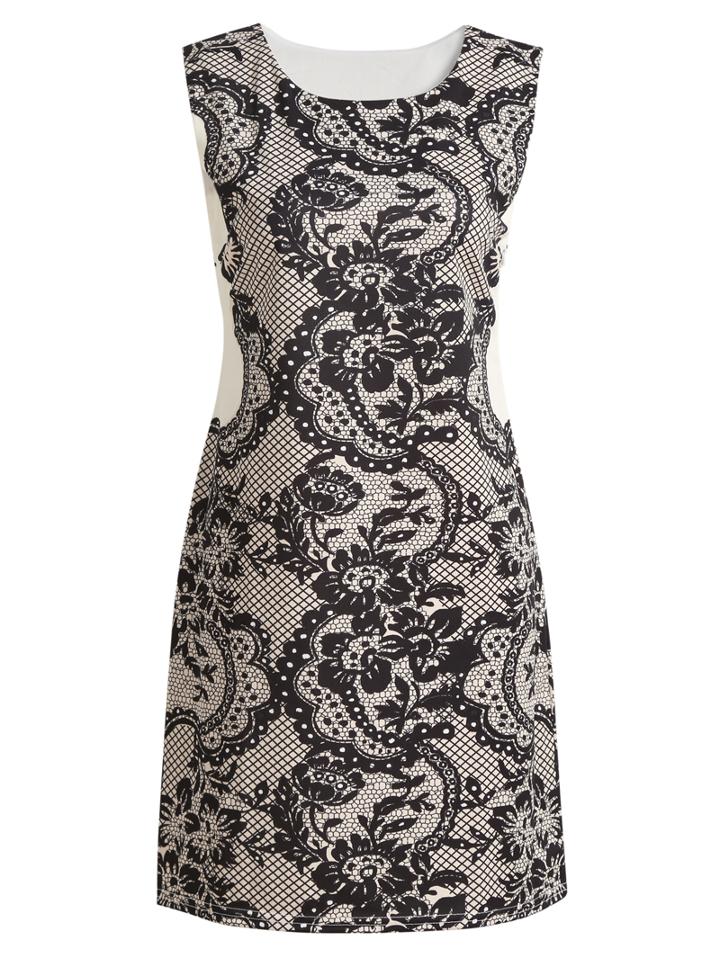 Romwe Sleeveless Vintage Print Slim Black Dress