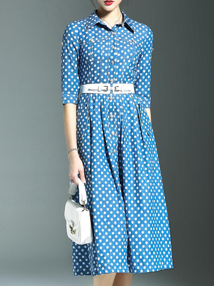 Romwe Blue Lapel Polka Dot Pockets Belted Dress