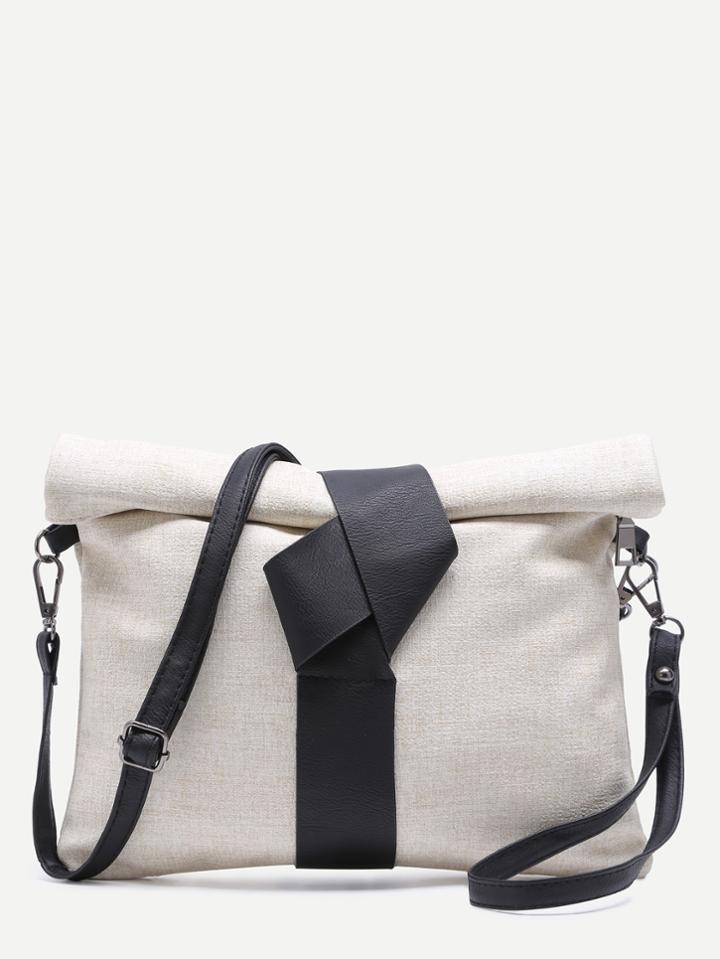 Romwe Beige Roll Top Linen Texture Pu Leather Clutch Bag With Strap
