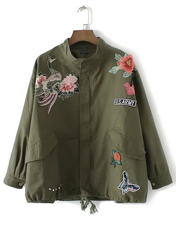 Romwe Army Green Floral Embroidery Drawstring Pocket Coat