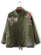 Romwe Army Green Floral Embroidery Drawstring Pocket Coat