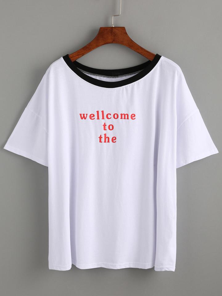 Romwe White Dropped Shoulder Seam Letters Print T-shirt