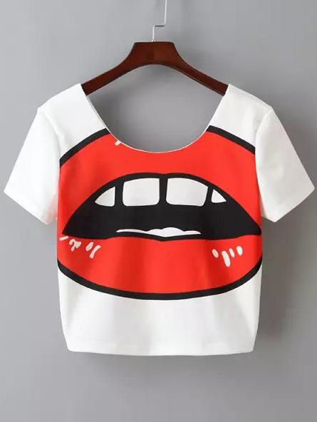 Romwe White Short Sleeve Lip Print Crop T-shirt
