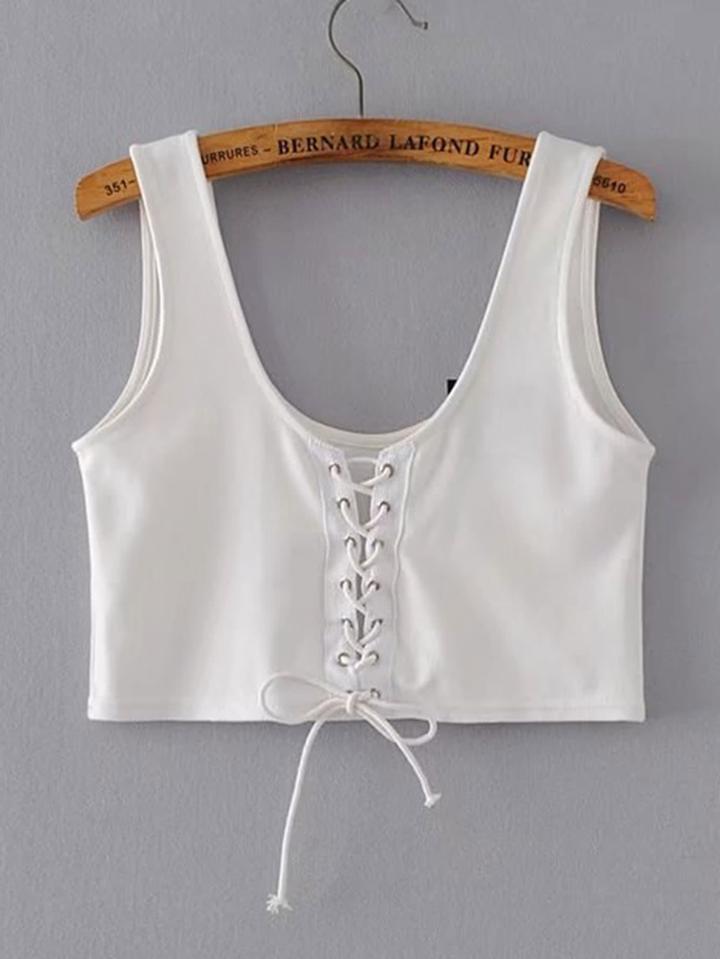 Romwe Scoop Neck Lace Up Grommet Tank Top