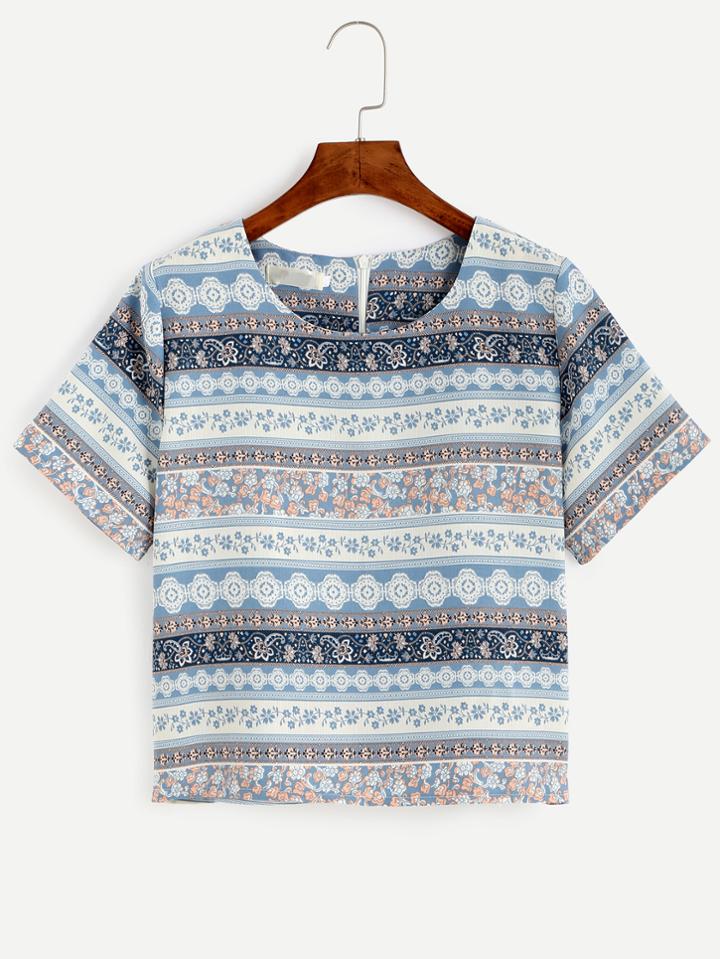Romwe Blue Tribal Floral Print Invisible Zip Back Blouse