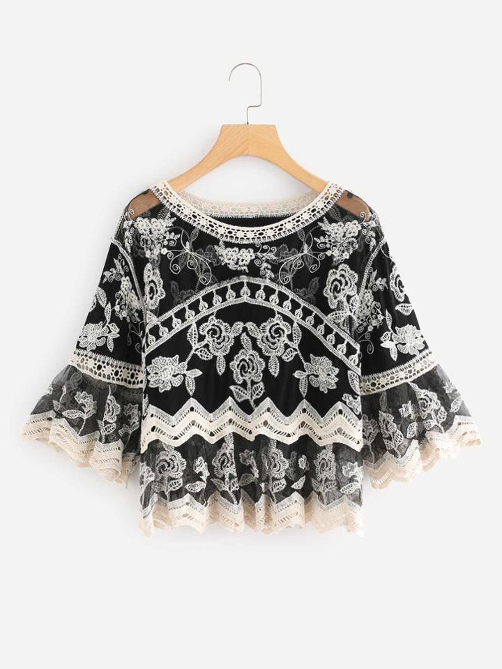 Romwe Fluted Sleeve Floral Embroidered Top