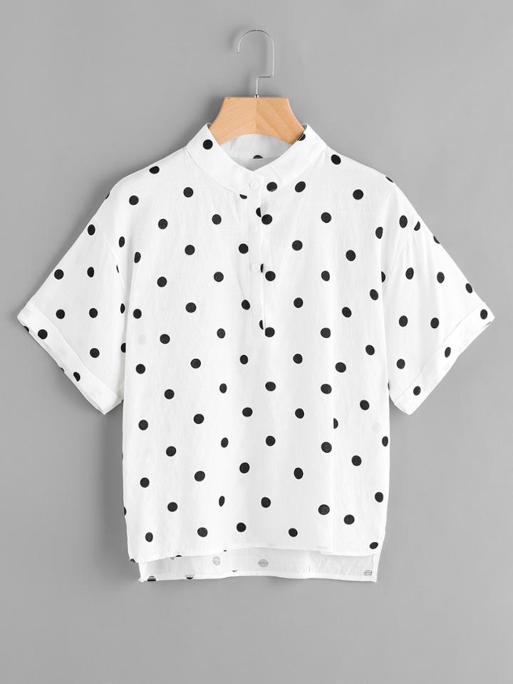 Romwe Textured Dots Dip Hem Dropped Shoulder Top