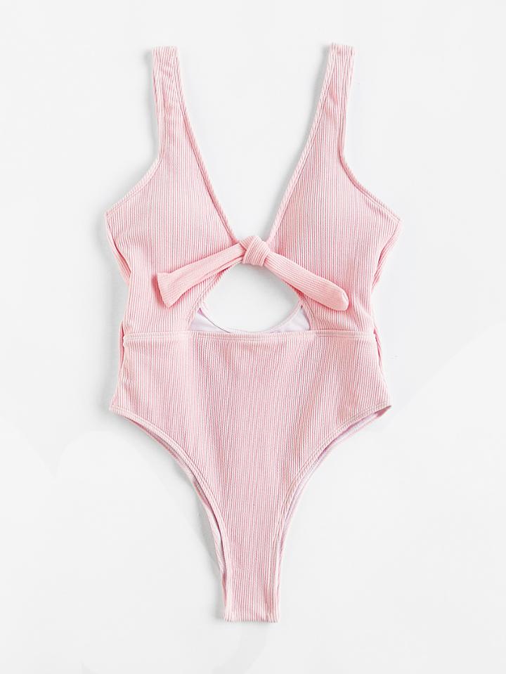 Romwe Knot Front Cutout Plunge Swimsuit