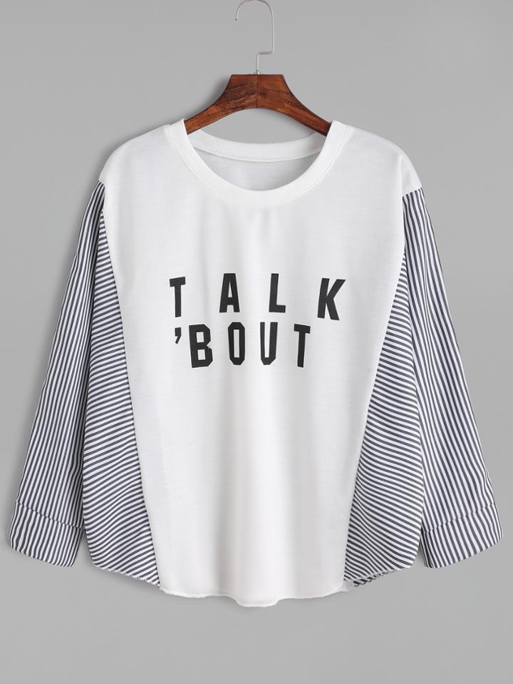 Romwe White Striped Letter Print Loose T-shirt