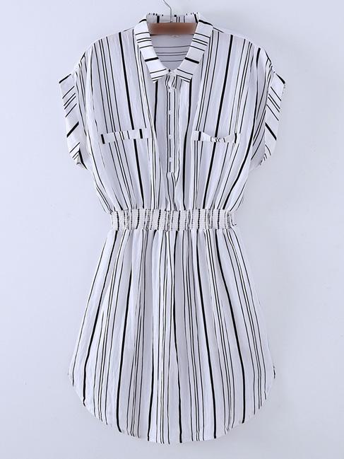 Romwe Black And White Roll-up Cuff Elastic Waist Stripe Dress