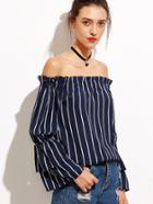 Romwe Navy Vertical Striped Off The Shoulder Ruffle Top