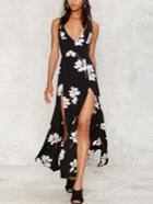 Romwe Black Flower Print Double Slit Front Crisscross Dress