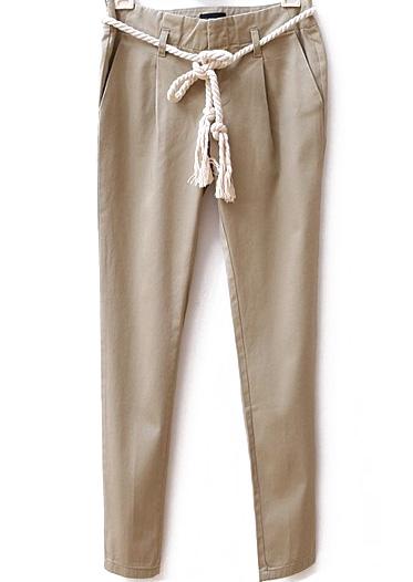 Romwe Pockets Slim Khaki Pant With Hemp Rope