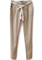 Romwe Pockets Slim Khaki Pant With Hemp Rope