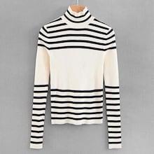 Romwe High Neck Striped Fitted Jumper