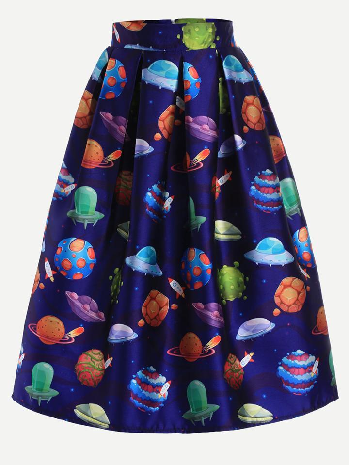 Romwe Blue Spaceship Print Flare Skirt