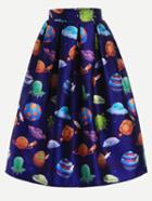 Romwe Blue Spaceship Print Flare Skirt