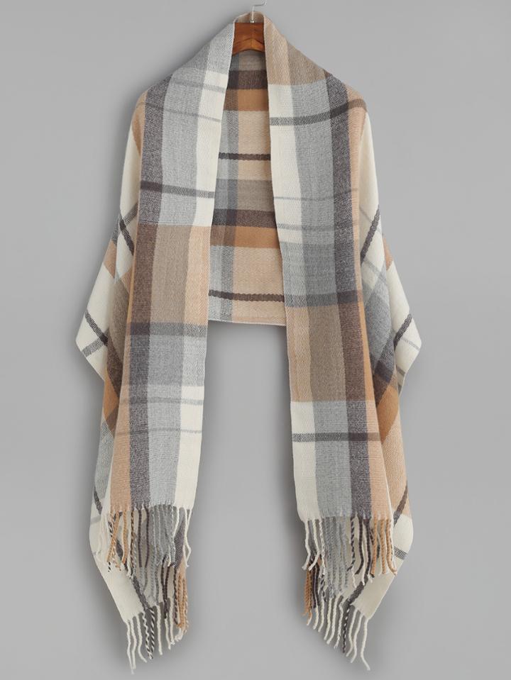 Romwe Khaki And Beige Plaid Fringe Edge Shawl Scarf