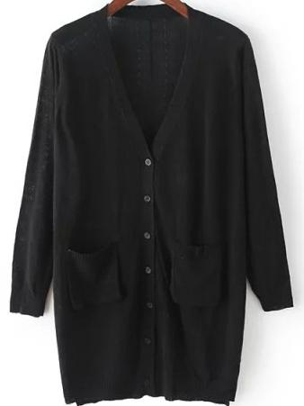 Romwe With Pockets Hollow Side Slit Black Cardigan