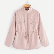 Romwe Drawstring Waist O-ring Zip Up Coat