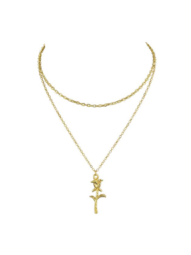 Romwe Gold Multi Layers Chain With Rose Flower Charm Pendant Necklace
