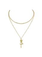 Romwe Gold Multi Layers Chain With Rose Flower Charm Pendant Necklace