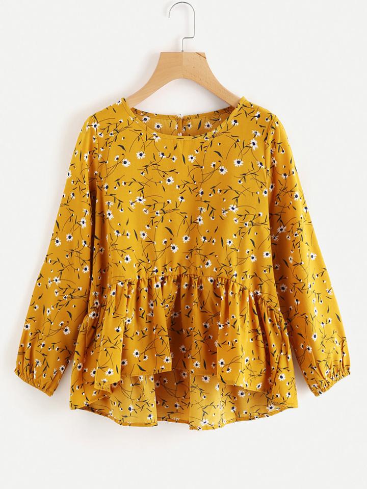 Romwe Calico Print Frill Dip Hem Blouse
