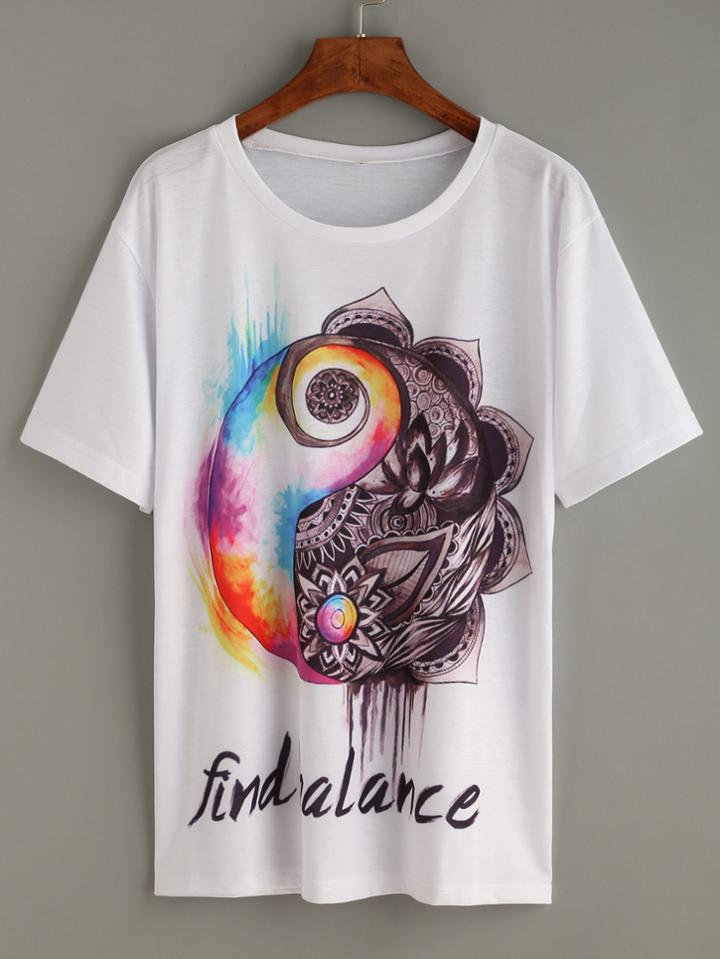 Romwe White Letters Tribal Print Long T-shirt