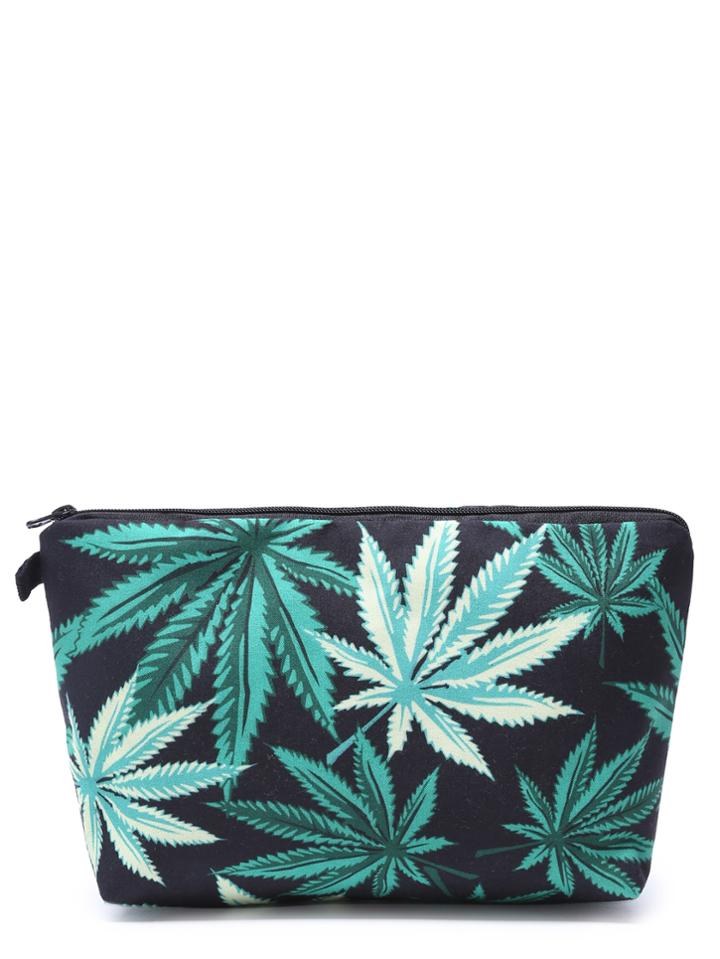 Romwe Black Leaf Print Makeup Clutch Bag