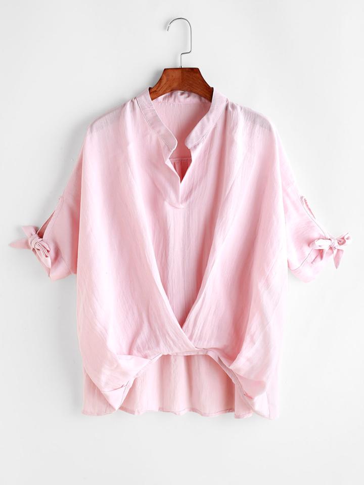 Romwe Bow Tie Cuffed High Low Blouse