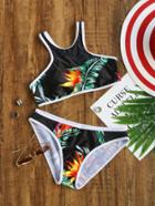 Romwe Black Tropical Print Contrast Trim Bikini Set