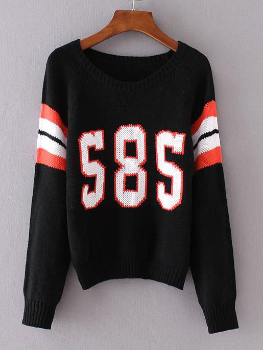 Romwe Black Raglan Sleeve Number Varsity Knitwear