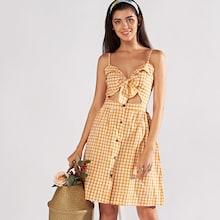 Romwe Single Breasted Knot Plaid Cami Dress