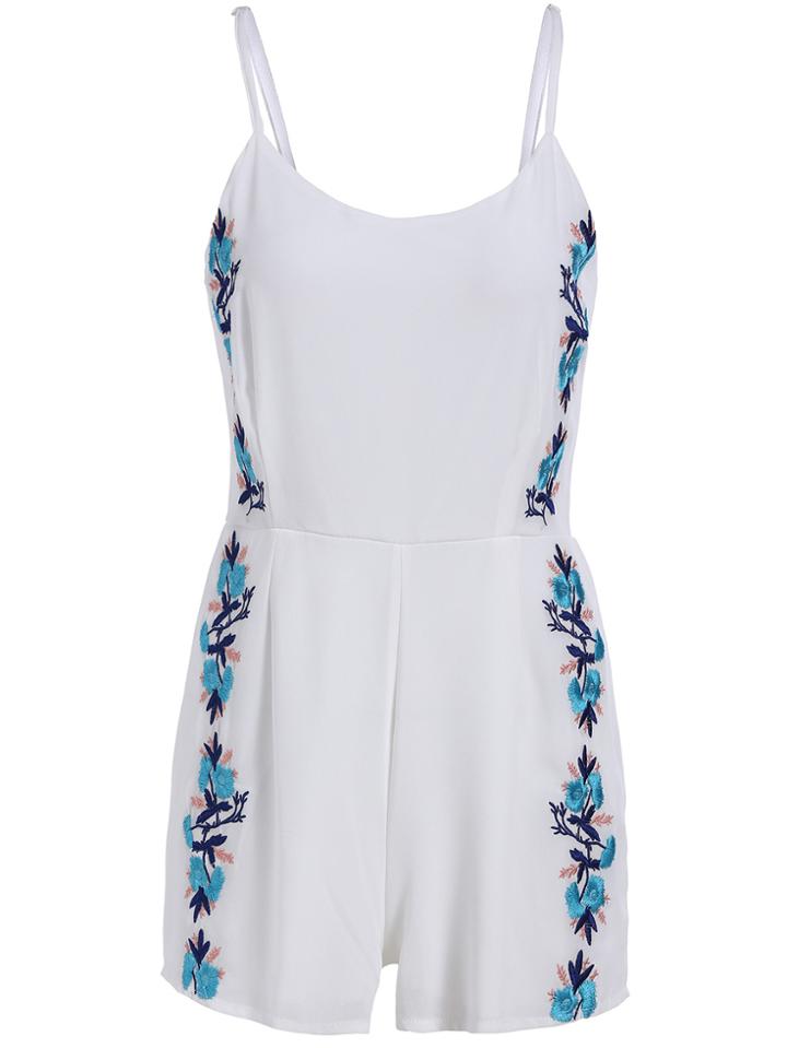 Romwe Spaghetti Strap Embroidered White Romper
