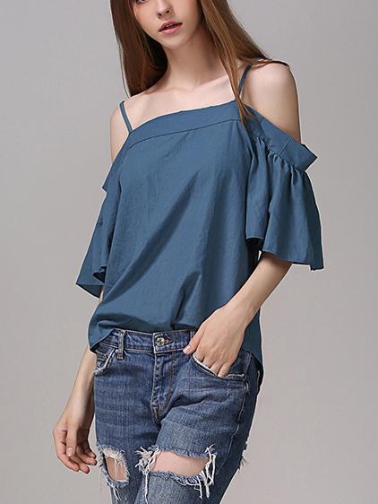 Romwe Blue Cold Shoulder Ruffled Sleeve Slit Back Blouse
