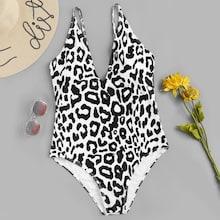 Romwe Plus Leopard Print Plunge One Piece Swimwear