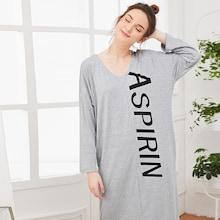 Romwe Letter Print Split Side Night Dress