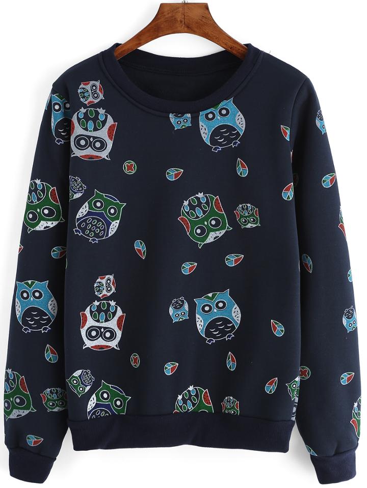 Romwe Owl Print Navy Sweatshirt
