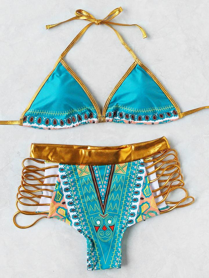 Romwe Contrast Trim Ladder Cutout High Waist Bikini Set