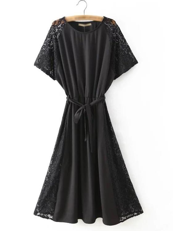 Romwe Black Lace Slim Dress With Belt