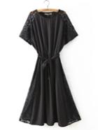Romwe Black Lace Slim Dress With Belt