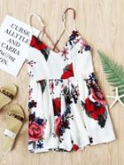 Romwe Floral Print Criss Cross Backless Cami Romper