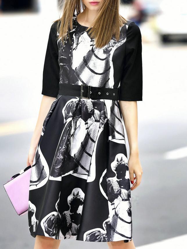 Romwe Black Round Neck Half Sleeve Drawstring Print Dress