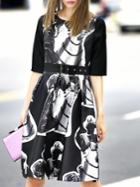 Romwe Black Round Neck Half Sleeve Drawstring Print Dress