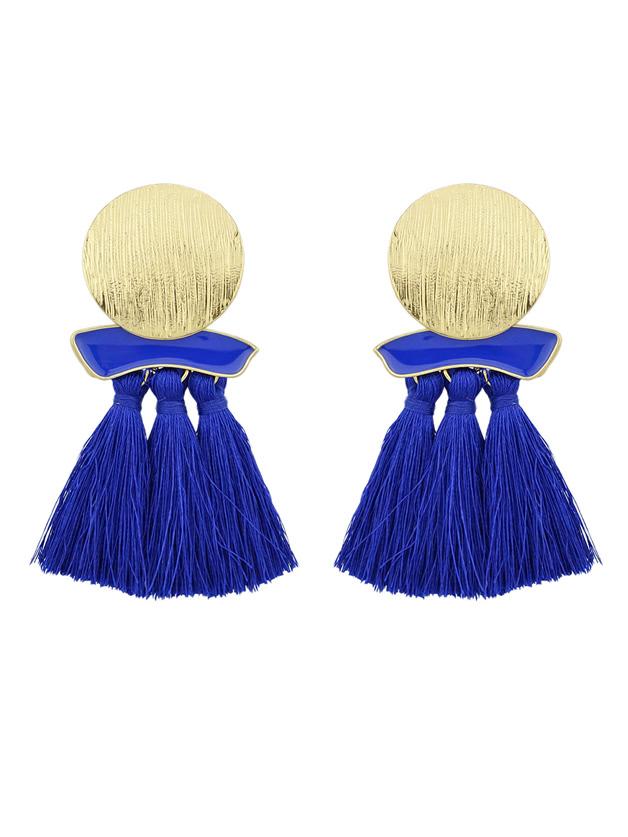 Romwe Blue Boho Earrings Round Metal With Colorful Handmade Tassel Drop Earrings