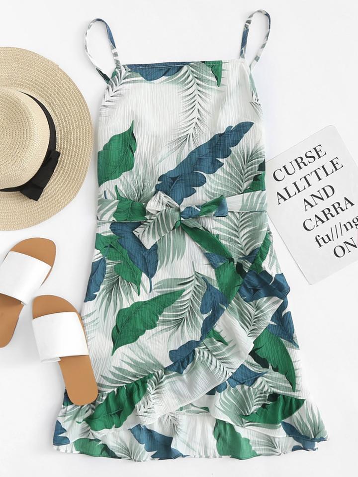 Romwe Leaf Print Tie Waist Cami Dress
