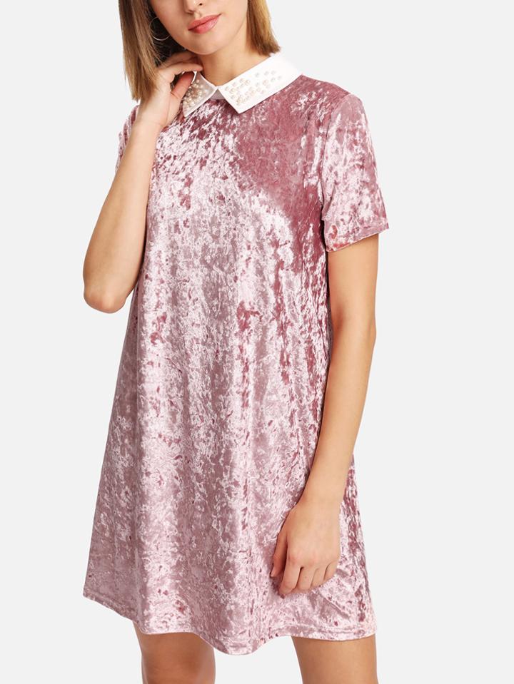 Romwe Crushed Velvet Dress With Pearl Beading Collar