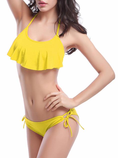 Romwe Halter Neck Fly-away Bikini Set - Yellow