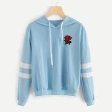 Romwe Rose Patched Stripe Sleeve Drawstring Hoodie Sweatshirt