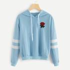 Romwe Rose Patched Stripe Sleeve Drawstring Hoodie Sweatshirt